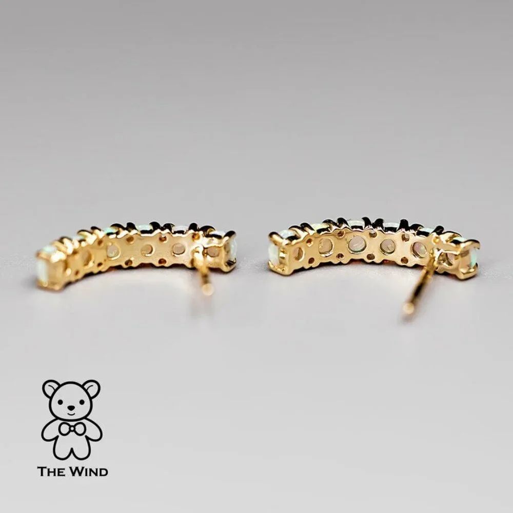 Minimalist Australian Solid Opal Curved Stud Earrings 14K Yellow Gold - Picture 3 of 5